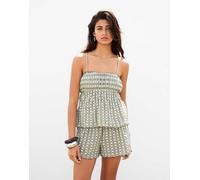 Pull&Bear - Top in maglia écru/verde con spalline sottili-Multicolore S