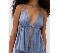 Pull&Bear - Top in misto lino blu medio con dettagli allacciati L