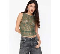 Pull&Bear - Top in pizzo color kaki con lati raccolti-Verde XL