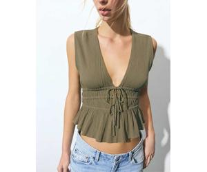 Pull&Bear - Top verde in crêpe con laccetti XS