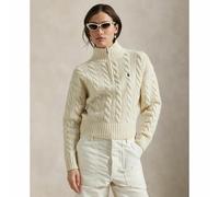 Pull con collo a zip, maglia a treccia, lana e cashmere Beige S Tinta unita