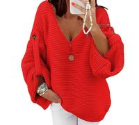 Pull d'automne pour Femme, Pull Oversize à col en V, Ample à Manches Longues en Grosse Maille, Haut d'hiver Rouge, Taille S