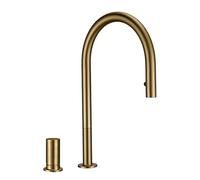 Pull Down Kitchen Sink Faucet Brushed Gunmetal Black Single Handle Double Hole Hot And Fred Sprayer Brass CounterTop Mounted (Brushed Gold)