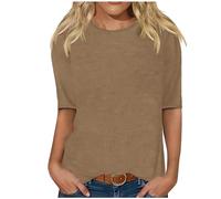 Pullover a mezza manica da donna, tinta unita, a mezza manica, basic, girocollo, maglietta per adolescenti e ragazze, maglietta lunga casual, vestibilità larga, comoda, taglie forti, cachi, S