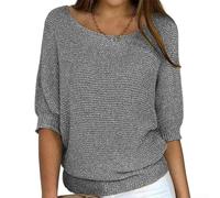 Pullover da donna a girocollo con maniche a 3 4, tinta unita e vestibilità ampia per quattro stagioni (grigio XXL)