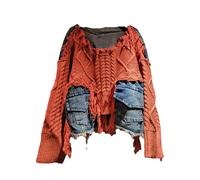 Pullover da donna a maniche lunghe irregolari con tasche patchwork vintage lavato denim maglione estivo, Arancione-rosso, Taglia unica