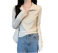 Pullover da donna bianco con bottoni sul fondo stile letterario slim fit manica lunga maglia t-shirt, Albicocca, S