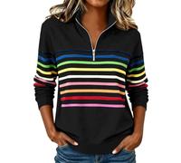 Pullover da donna con zip a un quarto a righe a maniche lunghe con collo a lupetto felpe autunnali casual vestibilità ampia top, Nero , XXL