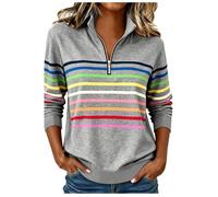 Pullover da donna con zip a un quarto a righe a maniche lunghe con collo a lupetto felpe autunnali casual vestibilità ampia top, grigio, S
