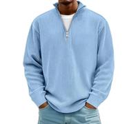 Pullover da uomo a maniche lunghe con zip a quarto felpa a collo alto con colletto rialzato, felpa in velluto a coste, blu cielo, XX-Large