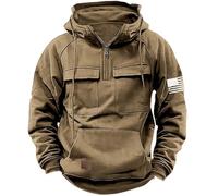 Pullover da uomo con cappuccio con cerniera a 1/4 con bandiera grafica, tattico cargo militare tasca a marsupio felpa atletica pullover autunno inverno sport activewear maglione casual, cachi, L