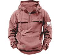 Pullover da uomo con cappuccio con cerniera a 1/4 con bandiera grafica, tattico cargo militare tasca a marsupio felpa atletica pullover autunno inverno sport activewear maglione casual, Rosso, L