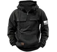 Pullover da uomo con cappuccio con cerniera a 1/4 con bandiera grafica, tattico cargo militare tasca a marsupio felpa atletica pullover autunno inverno sport activewear maglione casual, Nero , L