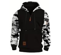Pullover da uomo con cerniera a un quarto con tasche, felpa con cappuccio da uomo con tasche mimetica con cappuccio abbinato, alla moda, casual, giacca antivento con tasca, vestibilità larga, felpe