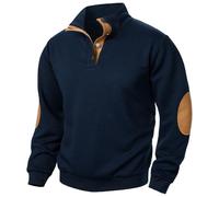 Pullover da uomo con scollo a V, maglione senza cappuccio, patchwork, toppe sui gomiti, maglione a maniche lunghe, taglio ampio, toppe retrò sui gomiti, collo con chiusura a bottoni, maglietta a