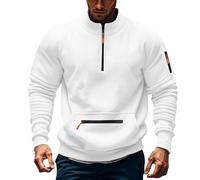Pullover da uomo con zip a quarto tattico, cerniera a contrasto tasca a marsupio collo a lupetto senza cappuccio felpa sport all'aperto palestra allenamento maglione casual manica lunga, bianco, L