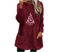 Pullover Donna Pile, Con Tasche, Con Cappuccio, Maniche Lungha, Casual, Con Albero di Natale Stampato, Elegante, Taglie Forti, Maglioni Fleece Teddy, Felpa Lunga, Per Invernali, Per l'Uso Quotidiano