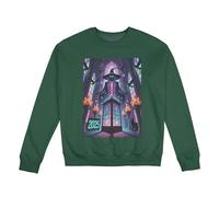 Pullover girocollo da uomo: comodo pile foderato, vestibilità classica con grafica del castello e scheletro mago, caldo top casual per le notti di novembre, Verde, L-5XL