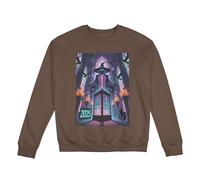 Pullover girocollo da uomo: comodo pile foderato, vestibilità classica con grafica del castello e scheletro mago, caldo top casual per le notti di novembre, Marrone, M-5XL