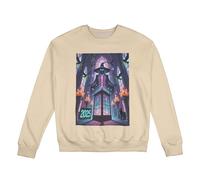 Pullover girocollo da uomo: comodo pile foderato, vestibilità classica con grafica del castello e scheletro mago, caldo top casual per le notti di novembre, Beige, 3XL-5XL