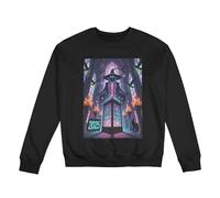 Pullover girocollo da uomo: comodo pile foderato, vestibilità classica con grafica del castello e scheletro mago, caldo top casual per le notti di novembre, Nero , 3XL-5XL