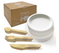 Pulprop Set di 250 piatti di carta compostabili, in bagassa usa e getta, biodegradabili, piatti, forchette, coltelli, cucchiai, 50 ospiti, per feste, campeggio, compleanno, barbecue