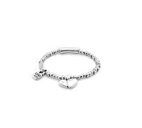 Pulsera elástica formada por múltiples piezas redondeadas con baño de Plata y con Dos Charms, Uno en Forma de corazón Irregular y otro, El Clásico candado de UNOde50.