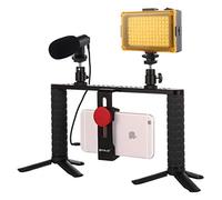 Puluz 4 in 1 LED selfie luce smartphone Live Broadcast video Rig stabilizzatore manico alluminio staffa di montaggio con microfono + treppiede + Cold Shoe testa treppiedi