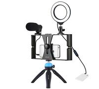 PULUZ 4 in 1 Vlogging Live Broadcast Smartphone Video Rig + 4.7 "Anello LED Selfie Kit con Microfono + Treppiede + Freddo Shoe Treppiede Testa per Smart Phone (blu)