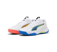 PUMA Accelerate JR 4 Game ON - Scarpa da Pallamano da Pallamano, Colore: Bianco/Rosso incandescente, Blu Ultra Blu, Taglia 36, Puma Bianco Rosso Brillante Ultra Blu, 35 EU