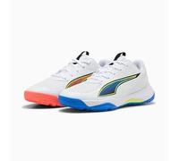 PUMA Accelerate JR 4 Game ON - Scarpa da Pallamano da Pallamano, Colore: Bianco/Rosso incandescente, Blu, Puma Bianco Rosso Brillante Ultra Blu, 33 EU