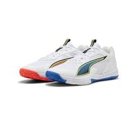 PUMA Accelerate PRO 4 Game ON, Scarpe da Corte Unisex, per Interni, Colore: Bianco/Rosso Acceso-Blu Ultra Blu, Taglia 43, Puma Bianco Rosso Brillante Ultra Blu, 48.5 EU