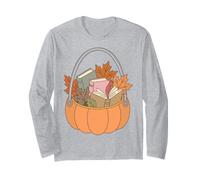 Pumpkin Book Basket Autumn Reading Fall Leaves Bookworm Maglia a Manica