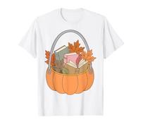 Pumpkin Book Basket Autumn Reading Fall Leaves Bookworm Maglietta