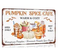 Pumpkin Spice Cafe Caldo e accogliente Autunno Targa in metallo per decorazione da parete retrò per casa, bar, fattoria, cucina, decorazione artistica da parete, 20 x 30 cm