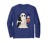 Pumpkin Spice Latte Ghost Holding Black Cat Halloween Maglia a Manica