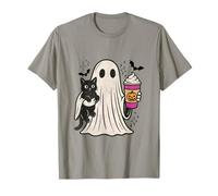 Pumpkin Spice Latte Ghost Holding Black Cat Halloween Maglietta