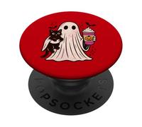 Pumpkin Spice Latte Ghost Holding Black Cat Halloween PopSockets PopGrip Adesivo