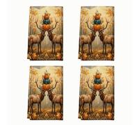 Pumpkins - Set di 4 strofinacci da cucina rustici in microfibra marrone con foglie di cervo autunnali, ad asciugatura rapida, per lavello da cucina, piano di lavoro, piano cottura, lavastoviglie, 40 x