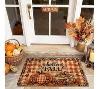 Pumpkins Welcome, Zerbino rustico stagionale a scacchi Hello Fall arancione, antiscivolo, per casa, interni ed esterni, decorazione per portico, 73 x 43 cm