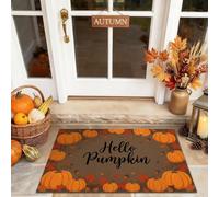 Pumpkins - Zerbino con scritta "Welcome" e scritta "Welcome" con foglie rustiche stagionali Hello Fall arancione, lavabile, a basso profilo, per casa, interni ed esterni, decorazione per portico, 73 x