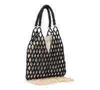 pumpumlia Borsa vintage in legno con perline per le donne borsa da spiaggia intrecciata borse casual con manico superiore borse con materiali naturali e design unico borsa a secchiello leggera, Nero