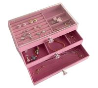 pumpumlia Elegante scatola portaoggetti per orecchini, collane, bracciali, con coperchio in vetro e 3 cassetti