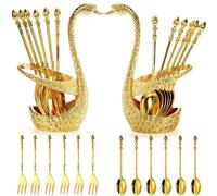 Pumtus Set di 14 forchette per cucchiaini da caffè con supporto per base a cigno, set di posate creative per dessert, decorazioni dorate, per mescolare, mescolare, zucchero, gelato, frutta, 6 cucchiai e 6 forchette