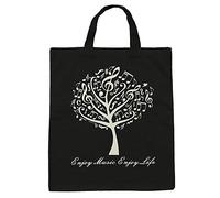 Punk borsetta da donna in cotone, borsa della spesa in tema chiavi musicali, con disegno di note e strumenti musicali, 36x41 cm. Music tree black