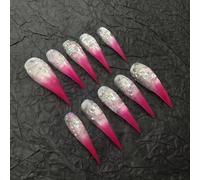 Punk Press Cat Claw on Nails Long Stiletto Handmade Rose Red Gradient Press on Nails Reusable Thick Acrylic Cat Dragon Eagle Claw False Nail with Designs Glossy Glue on Nail (XS)