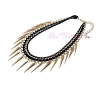Punk Rock Nero Nastro su Oro Opaco Doppio Catene & Punta Cono Collare Collana