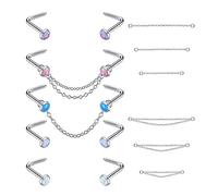 PunkTracker 16 anelli da naso in acciaio chirurgico da 20 g, con opale, per donne, con catene, ipoallergenici, gioielli per piercing al naso, 2mm (stud), 40/45/50mm (chain), Acciaio inossidabile
