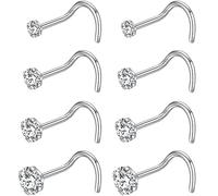 PunkTracker 8 anelli per naso Studs 316L, in acciaio chirurgico, 1,5 mm, 2 mm, 2,5 mm, 3 mm, CZ Nostril Piercing a forma di L, per uomo e donna, 20 g/18 g, Acciaio inossidabile