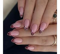 Punta alla mandorla francese, puntini bianchi, base rosso vino, 24 pezzi, aspetto naturale, in ABS, comfort da indossare sulle unghie